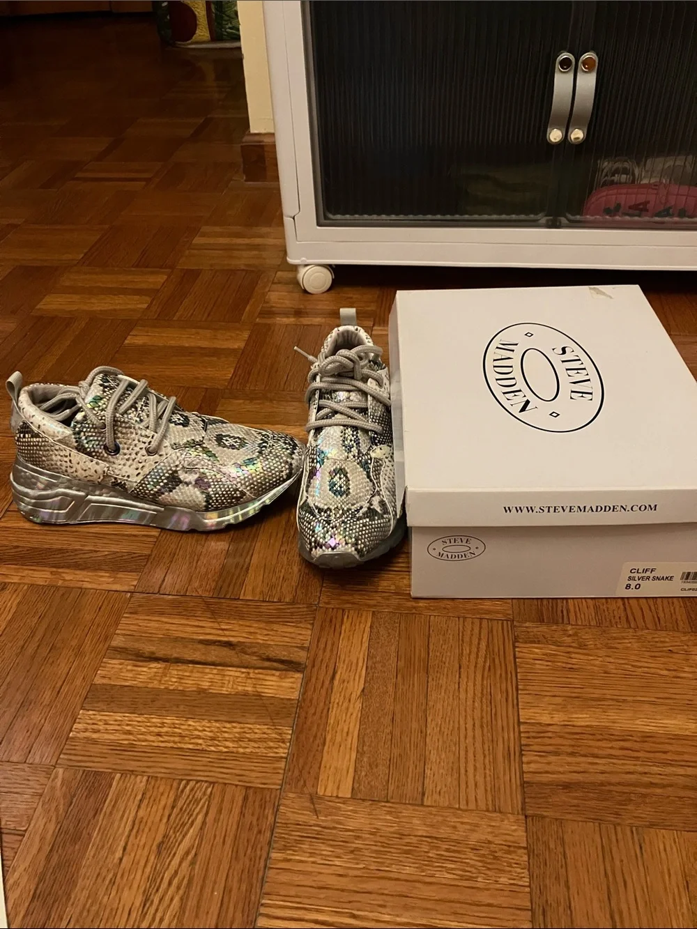 Steve Madden Kids Snake-Print Sneakers in Silver with Iridescent Accents